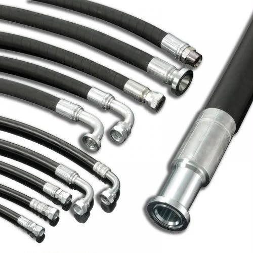 Coiled black hydraulic hose with silver fittings