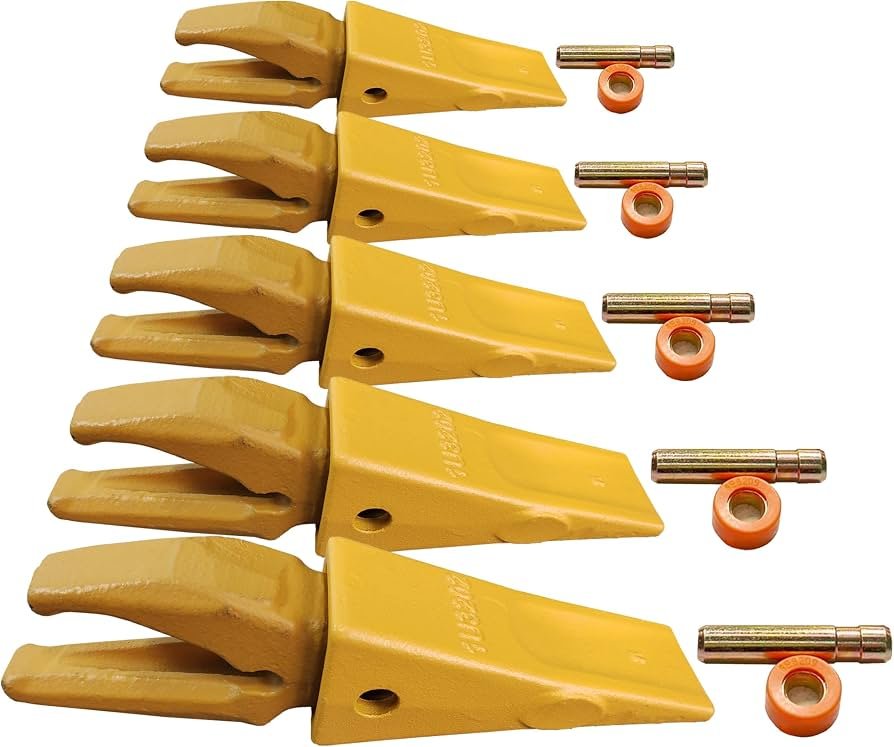 Yellow excavator bucket tooth adapters with mounting hardware