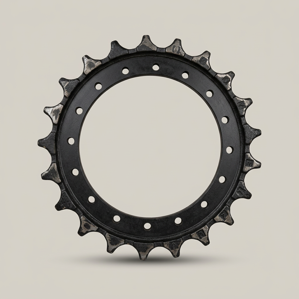 Black excavator drive sprocket ring with gear teeth and bolt holes