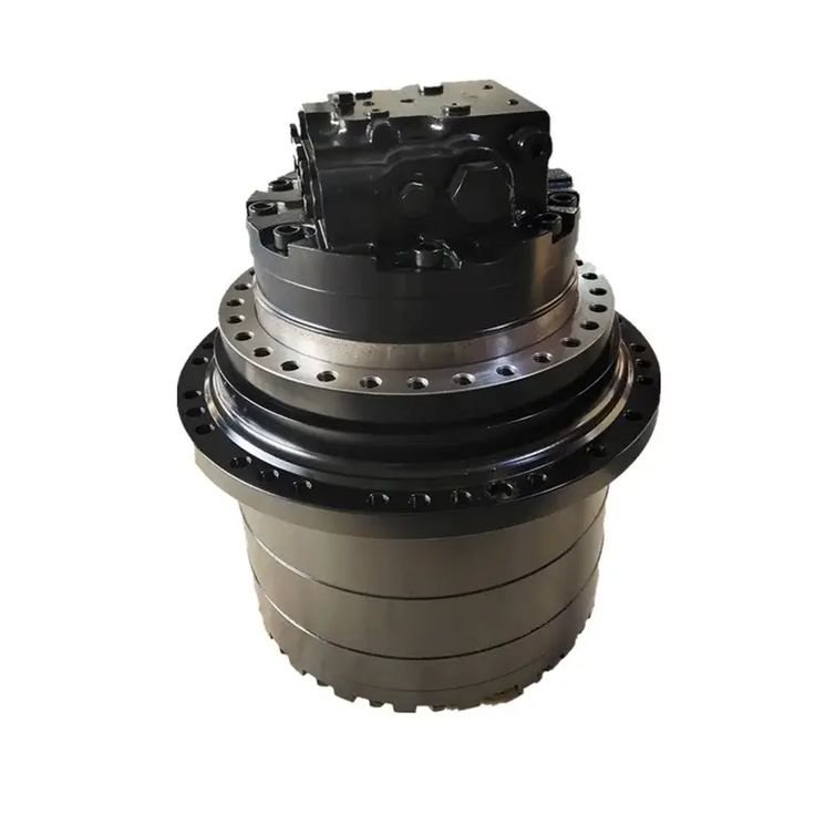 Cylindrical final drive motor and gearbox with black upper housing and bolted flange